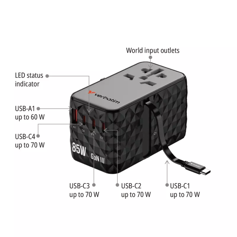 Verbatim Charge 'n' Travel Diamond 85W Retractable Kabel CNT-02