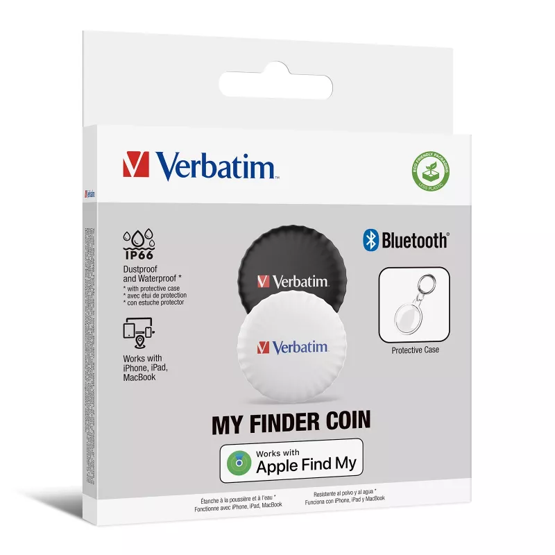 Verbatim My Finder Coin Bluetooth-Tracker – 2er-Pack, persönlich, Finder, Schwarz, Weiß, staubdicht, wasserdicht, IP66, CR2032
