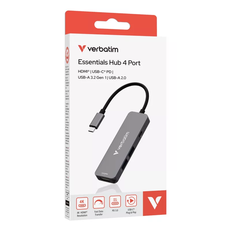 Verbatim USB-C Essentials Multiport Hub 4 Ports: HDMI, USB-C PD, USB-A 3.2 Gen 1, USB-A