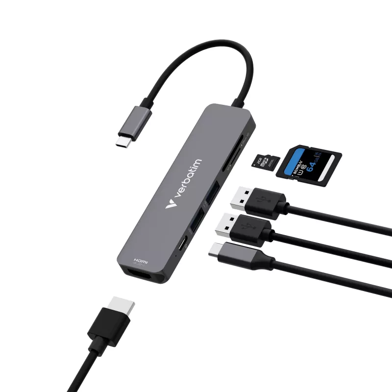 Verbatim USB-C Essentials Multiport Hub 6 Ports: HDMI, USB-C PD, USB-A 3.2 Gen 1, USB-A, SD & microSD