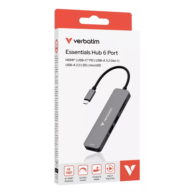 Verbatim USB-C Essentials Multiport Hub 6 Ports: HDMI, USB-C PD, USB-A 3.2 Gen 1, USB-A, SD & microSD
