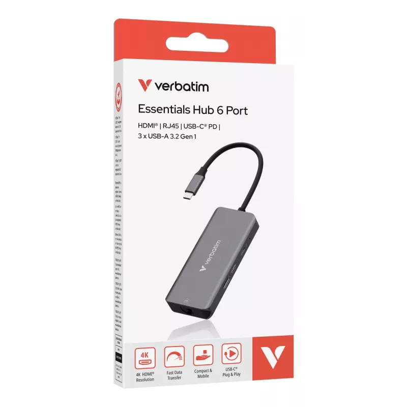 Verbatim USB-C Essentials Multiport Hub 6 Ports: RJ45, HDMI, USB-C PD, 3 x USB-A 3.2 Gen 1