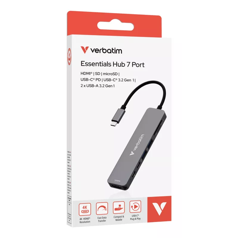 Verbatim USB-C Essentials Multiport Hub 7 Ports: HDMI, USB-C, USB-C 3.2 Gen 1, 2 x USB-A 3.2 Gen 1, SD & microSD