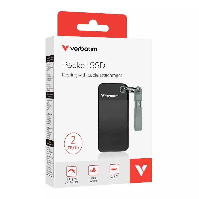 Verbatim Pocket SSD USB 3.2 Gen 2 2TB Schwarz/Grau, 2 TB, USB Type-C, 3.2 Gen 2 (3.1 Gen 2), 1000 MB/s, 10 Gbit/s, Schwarz, Grau