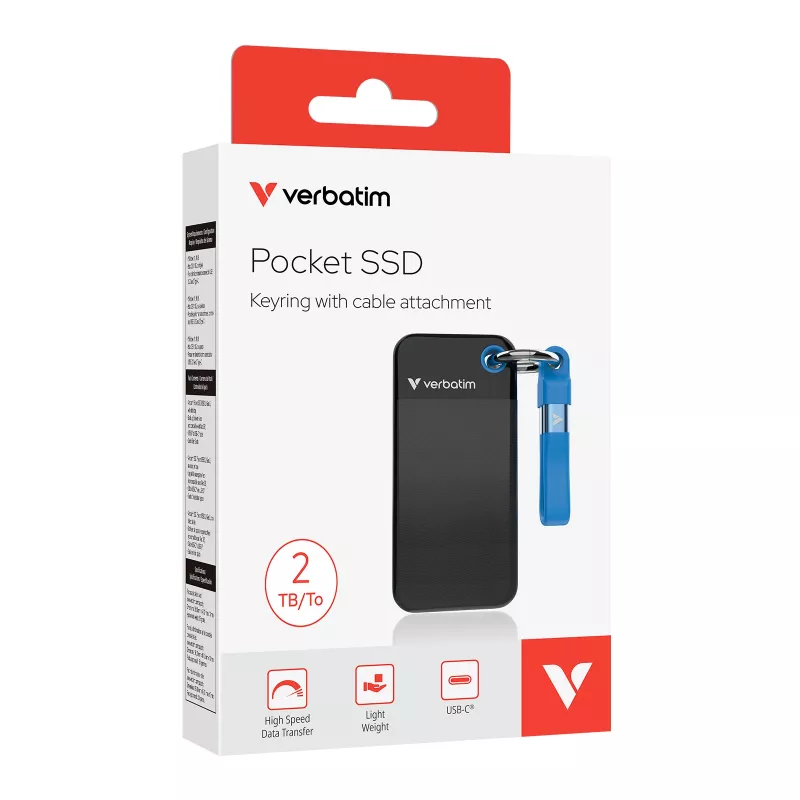 Verbatim Pocket SSD USB 3.2 Gen 2 2TB Schwarz/Blau, 2 TB, USB Type-C, 3.2 Gen 2 (3.1 Gen 2), 1000 MB/s, 10 Gbit/s, Schwarz, Blau