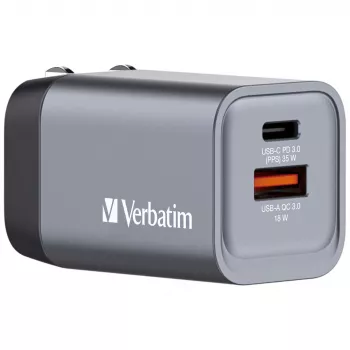 Verbatim GNC-35 GaN-Ladegerät 35W mit 1 x USB-C PD 35W / 1 x USB-A QC 3.0 (EU/UK/US)