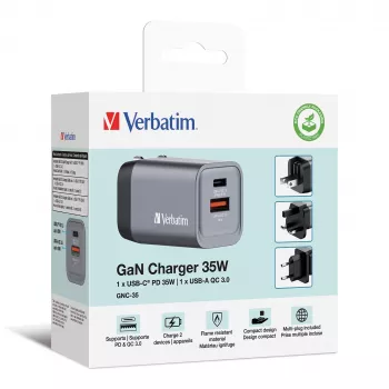 Verbatim GNC-35 GaN-Ladegerät 35W mit 1 x USB-C PD 35W / 1 x USB-A QC 3.0 (EU/UK/US)