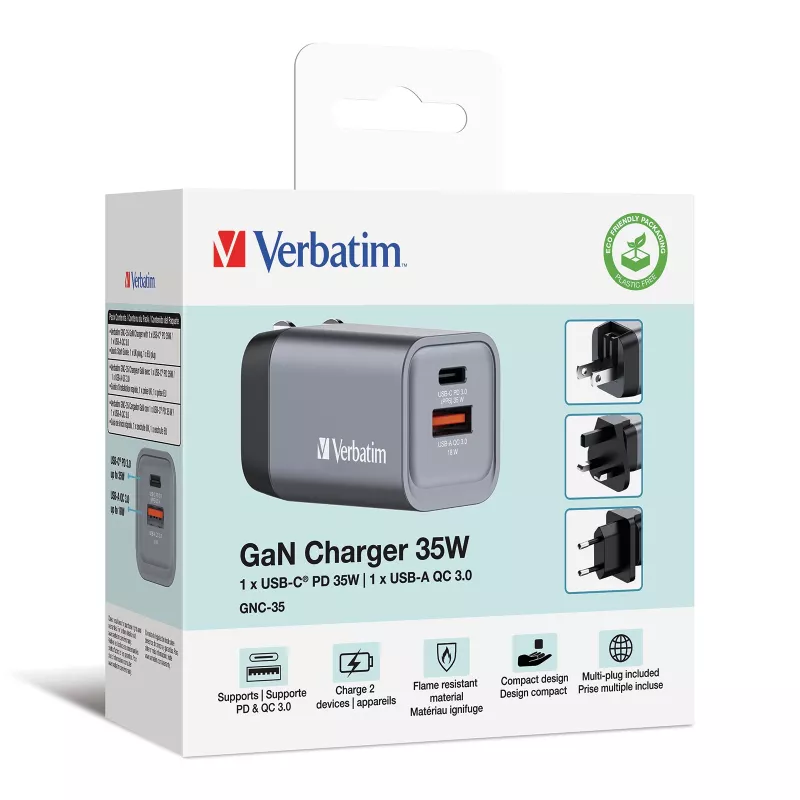 Verbatim GNC-35 GaN-Ladegerät 35W mit 1 x USB-C PD 35W / 1 x USB-A QC 3.0 (EU/UK/US)
