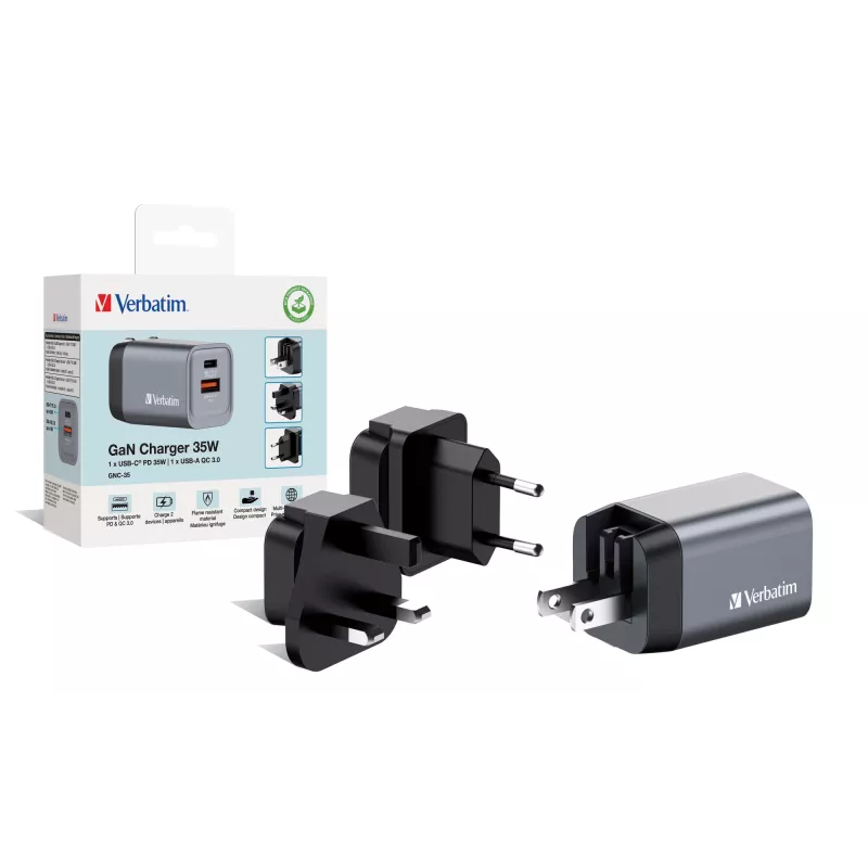 Verbatim GNC-35 GaN-Ladegerät 35W mit 1 x USB-C PD 35W / 1 x USB-A QC 3.0 (EU/UK/US)