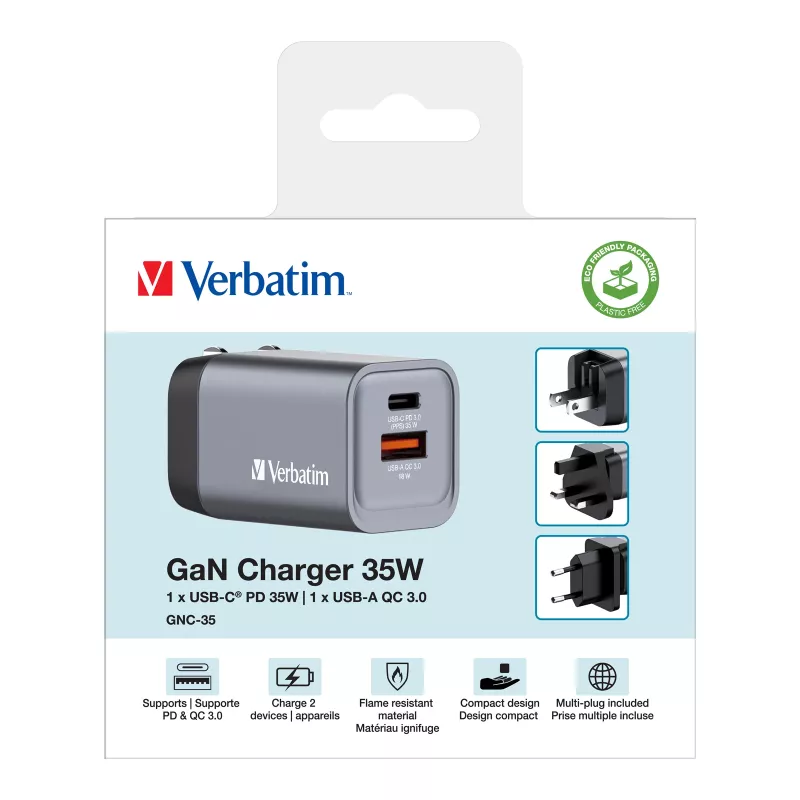Verbatim GNC-35 GaN-Ladegerät 35W mit 1 x USB-C PD 35W / 1 x USB-A QC 3.0 (EU/UK/US)