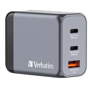Verbatim GNC-65 GaN Ladegerät 65W mit 2 x USB-C PD 65W / 1 x USB-A QC 3.0 (EU/UK/US)