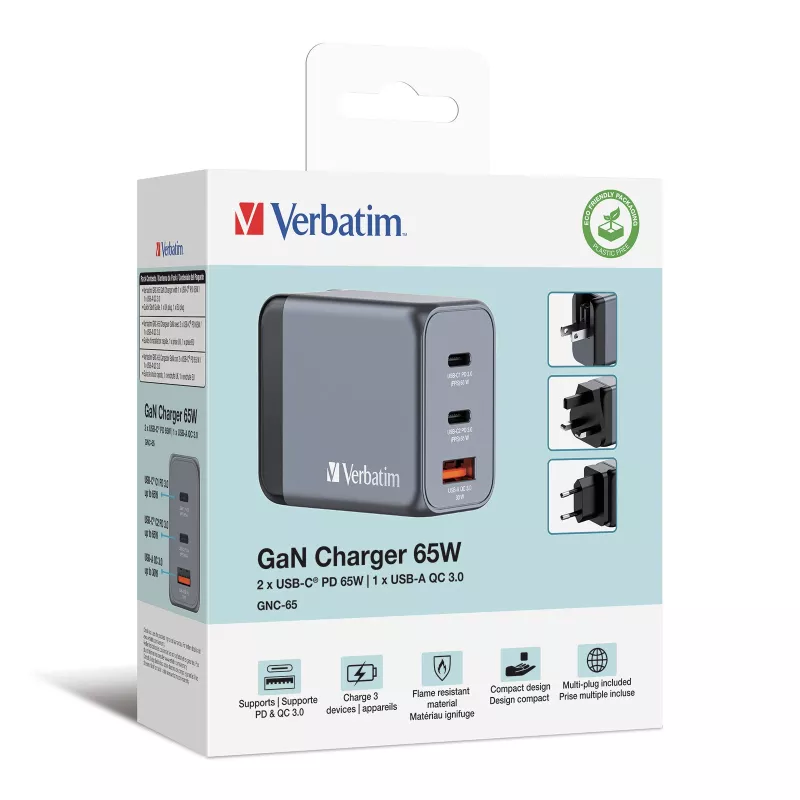 Verbatim GNC-65 GaN Ladegerät 65W mit 2 x USB-C PD 65W / 1 x USB-A QC 3.0 (EU/UK/US)