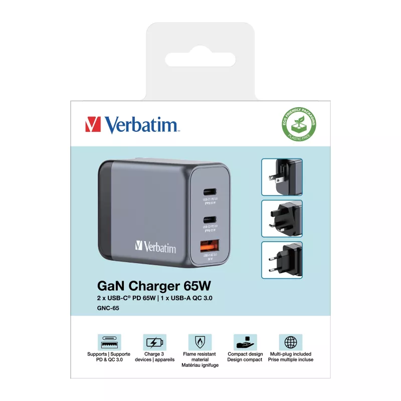Verbatim GNC-65 GaN Ladegerät 65W mit 2 x USB-C PD 65W / 1 x USB-A QC 3.0 (EU/UK/US)
