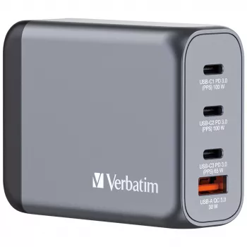 Verbatim GNC-100 GaN-Ladegerät 100W mit 2 x USB-C PD 100W / 1 x USB-C PD 65W / 1 x USB-A QC 3.0 (EU/UK/US)