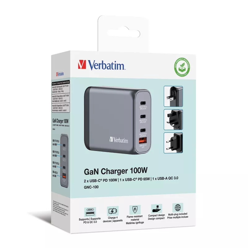 Verbatim GNC-100 GaN-Ladegerät 100W mit 2 x USB-C PD 100W / 1 x USB-C PD 65W / 1 x USB-A QC 3.0 (EU/UK/US)
