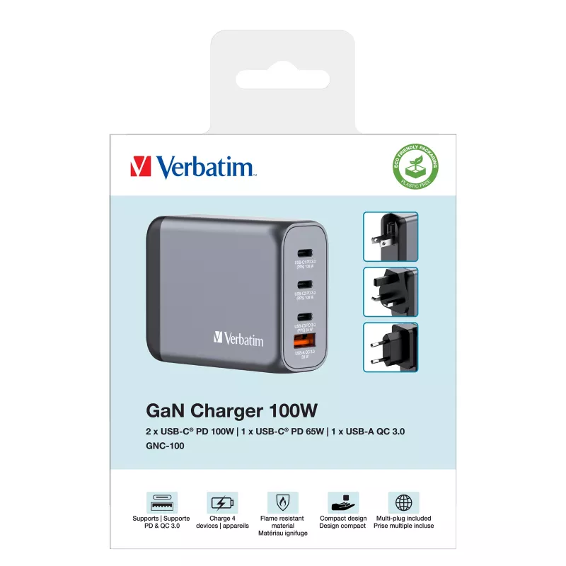 Verbatim GNC-100 GaN-Ladegerät 100W mit 2 x USB-C PD 100W / 1 x USB-C PD 65W / 1 x USB-A QC 3.0 (EU/UK/US)