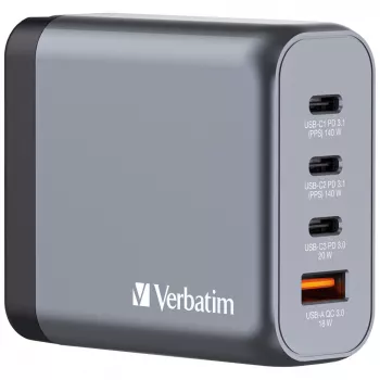 Verbatim GNC-140 GaN Ladegerät 140 W mit 2 x USB-C PD 140 W / 1 x USB-C PD 20 W / 1 x USB-A QC 3.0 (EU/UK/US)