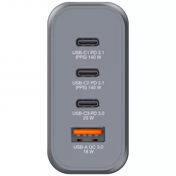 Verbatim GNC-140 GaN Ladegerät 140 W mit 2 x USB-C PD 140 W / 1 x USB-C PD 20 W / 1 x USB-A QC 3.0 (EU/UK/US)