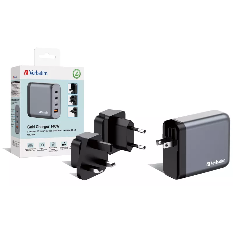 Verbatim GNC-140 GaN Ladegerät 140 W mit 2 x USB-C PD 140 W / 1 x USB-C PD 20 W / 1 x USB-A QC 3.0 (EU/UK/US)