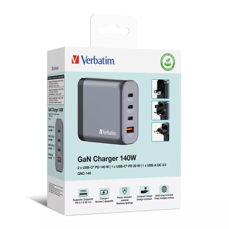 Verbatim GNC-140 GaN Ladegerät 140 W mit 2 x USB-C PD 140 W / 1 x USB-C PD 20 W / 1 x USB-A QC 3.0 (EU/UK/US)