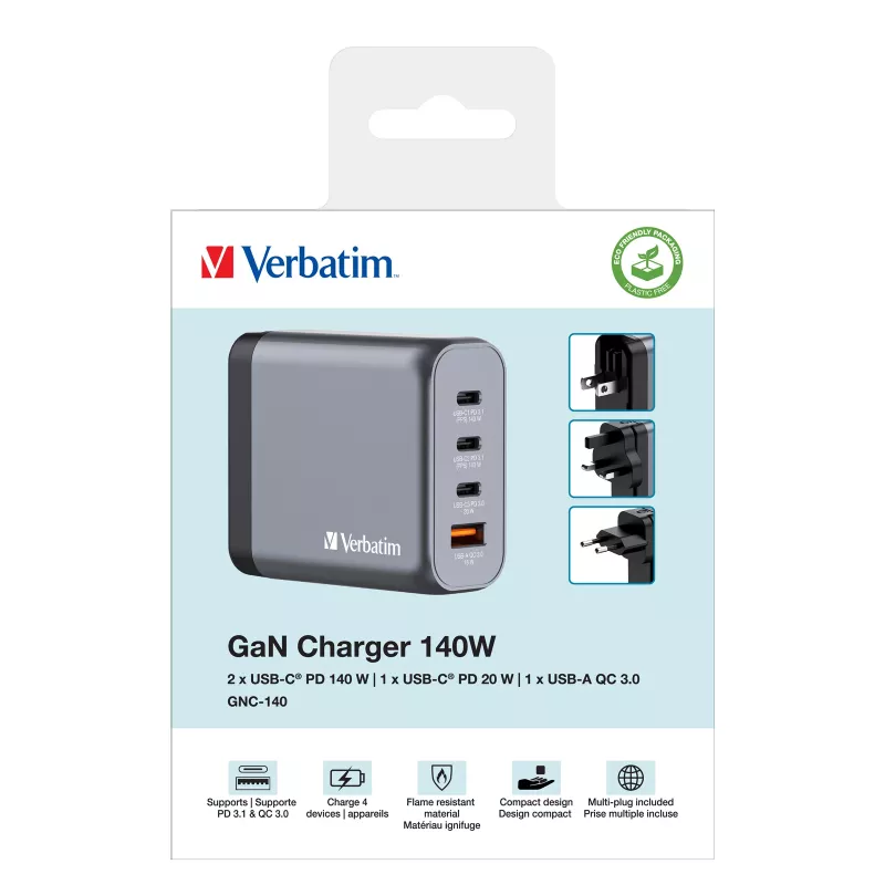 Verbatim GNC-140 GaN Ladegerät 140 W mit 2 x USB-C PD 140 W / 1 x USB-C PD 20 W / 1 x USB-A QC 3.0 (EU/UK/US)