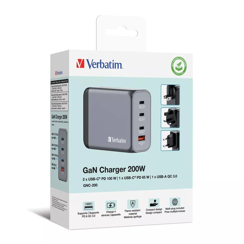 Verbatim GNC-200 GaN Ladegerät 200W mit 2 x USB-C PD 100W / 1 x USB-C PD 65W / 1 x USB QC 3.0 (EU/UK/US)