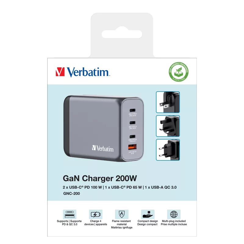 Verbatim GNC-200 GaN Ladegerät 200W mit 2 x USB-C PD 100W / 1 x USB-C PD 65W / 1 x USB QC 3.0 (EU/UK/US)