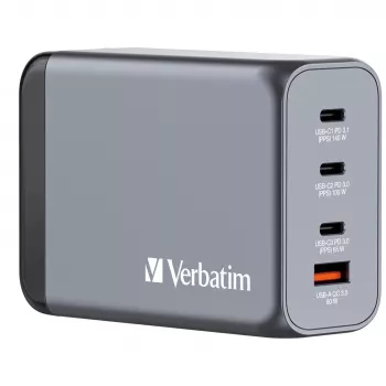 Verbatim GNC-240 GaN Ladegerät 240 W mit 1 x USB-C 140 W / 1 x USB-C 100 W / 1 x USB-C 65 W / 1 x USB-A QC 3.0 (EU/UK/US)