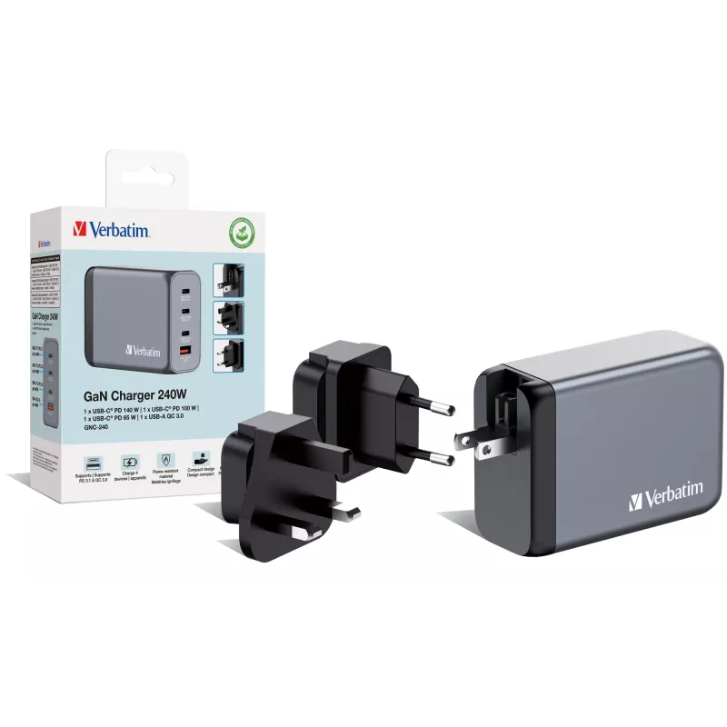 Verbatim GNC-240 GaN Ladegerät 240 W mit 1 x USB-C 140 W / 1 x USB-C 100 W / 1 x USB-C 65 W / 1 x USB-A QC 3.0 (EU/UK/US)
