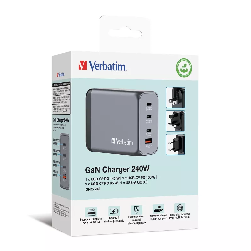 Verbatim GNC-240 GaN Ladegerät 240 W mit 1 x USB-C 140 W / 1 x USB-C 100 W / 1 x USB-C 65 W / 1 x USB-A QC 3.0 (EU/UK/US)