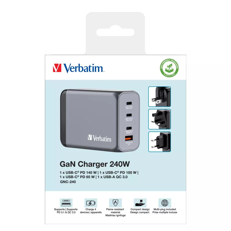 Verbatim GNC-240 GaN Ladegerät 240 W mit 1 x USB-C 140 W / 1 x USB-C 100 W / 1 x USB-C 65 W / 1 x USB-A QC 3.0 (EU/UK/US)