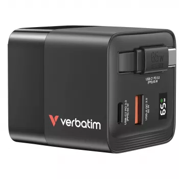 Verbatim GaN-Ladegerät 65 W 2 Ports mit einziehbarem Kabel, Display, US-Steckern sowie EU- und UK-Adaptern