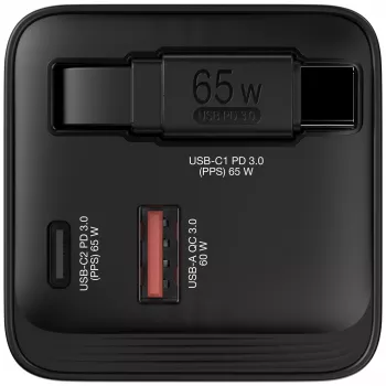 Verbatim GaN-Ladegerät 65 W 2 Ports mit einziehbarem Kabel, Display, US-Steckern sowie EU- und UK-Adaptern
