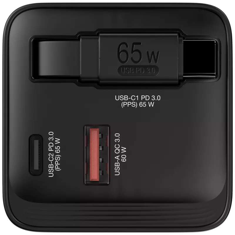 Verbatim GaN-Ladegerät 65 W 2 Ports mit einziehbarem Kabel, Display, US-Steckern sowie EU- und UK-Adaptern