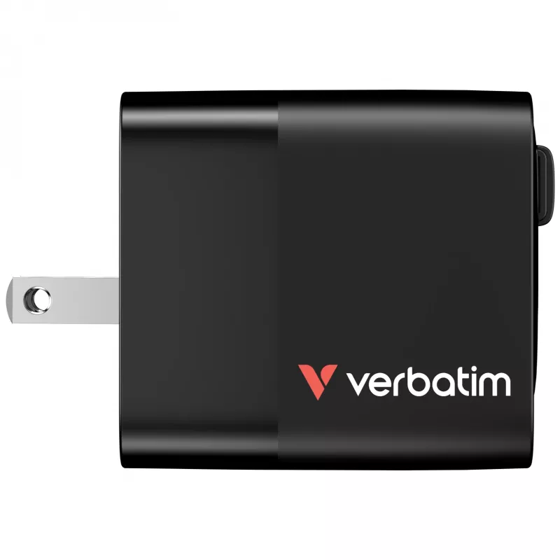 Verbatim GaN-Ladegerät 65 W 2 Ports mit einziehbarem Kabel, Display, US-Steckern sowie EU- und UK-Adaptern