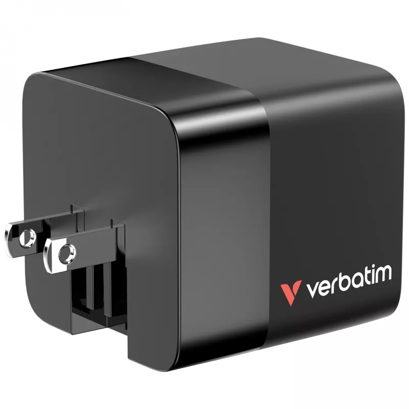 Verbatim GaN-Ladegerät 65 W 2 Ports mit einziehbarem Kabel, Display, US-Steckern sowie EU- und UK-Adaptern
