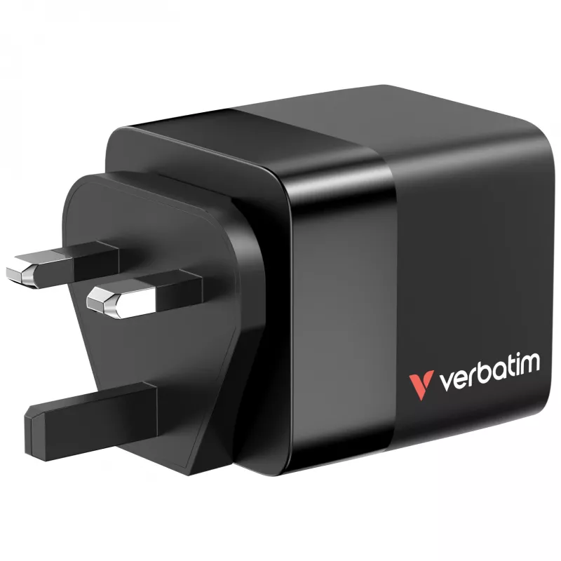Verbatim GaN-Ladegerät 65 W 2 Ports mit einziehbarem Kabel, Display, US-Steckern sowie EU- und UK-Adaptern