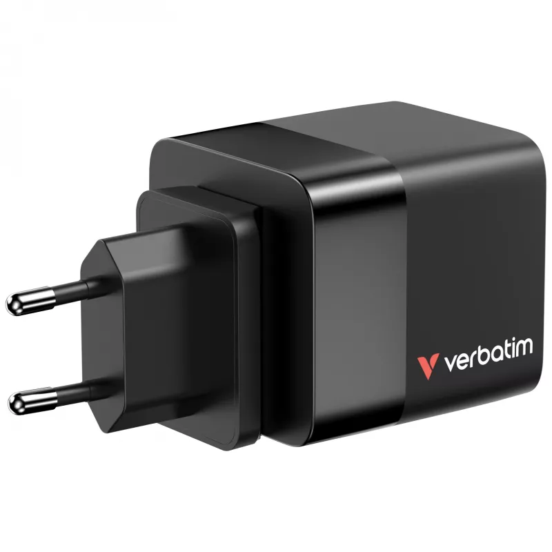 Verbatim GaN-Ladegerät 65 W 2 Ports mit einziehbarem Kabel, Display, US-Steckern sowie EU- und UK-Adaptern