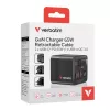 Verbatim GaN-Ladegerät 65 W 2 Ports mit einziehbarem Kabel, Display, US-Steckern sowie EU- und UK-Adaptern