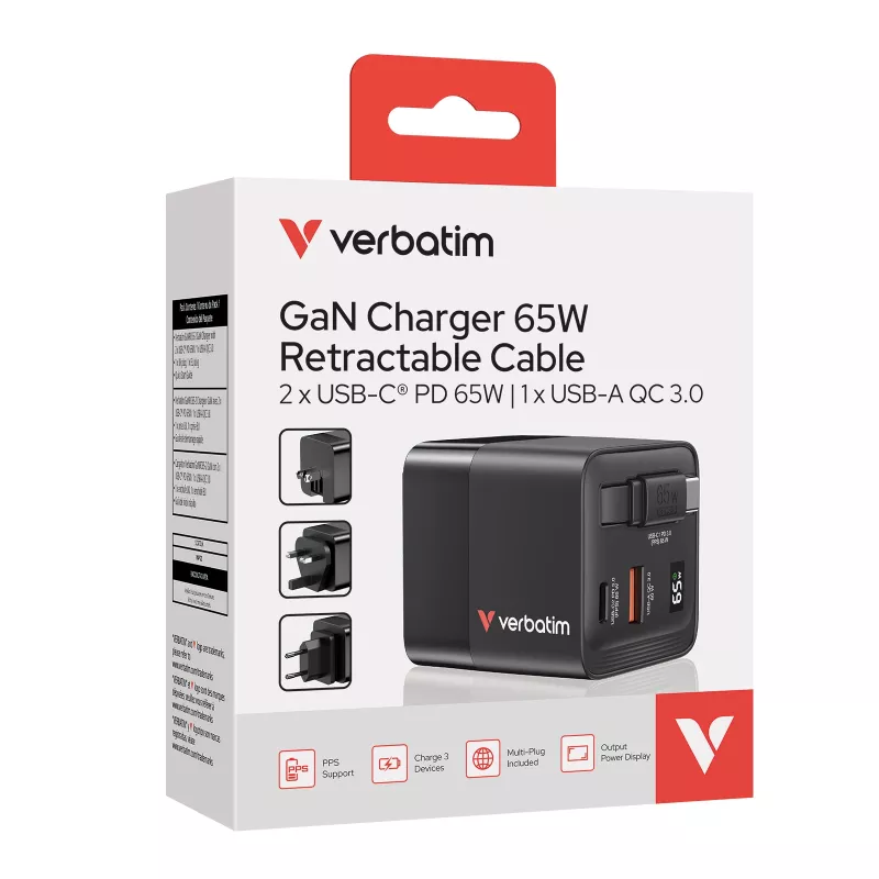 Verbatim GaN-Ladegerät 65 W 2 Ports mit einziehbarem Kabel, Display, US-Steckern sowie EU- und UK-Adaptern