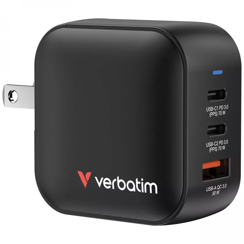 Verbatim Mini GaN Ladegerät 70W 3 Ports US-Stecker mit EU- und UK-Adaptern