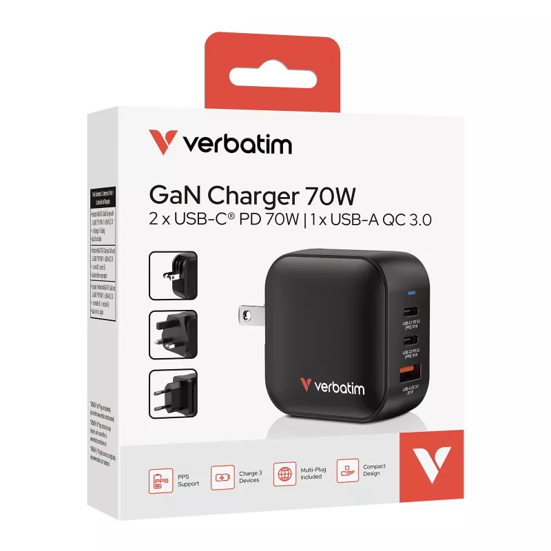 Verbatim Mini GaN Ladegerät 70W 3 Ports US-Stecker mit EU- und UK-Adaptern