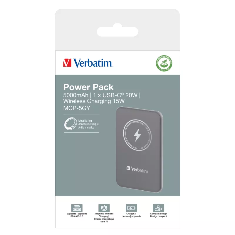 Verbatim Charge 'n' Go Magnetic Wireless Power Bank 5000mAh Grau