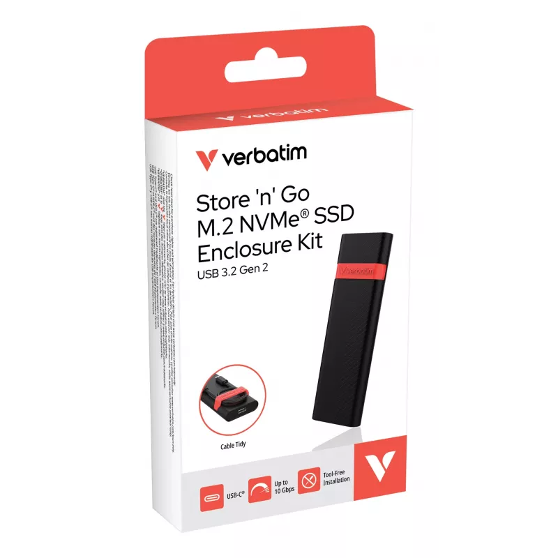 Verbatim M.2 NVMe SSD Gehäuse Kit, SSD-Gehäuse, M.2, PCI Express, 10 Gbit/s, USB-Konnektivität, Schwarz, Rot