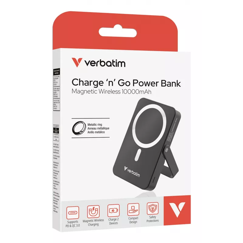 Verbatim Charge 'n' Go Magnetic Wireless Power Bank mit Ständer – 10000 mAh Schwarz