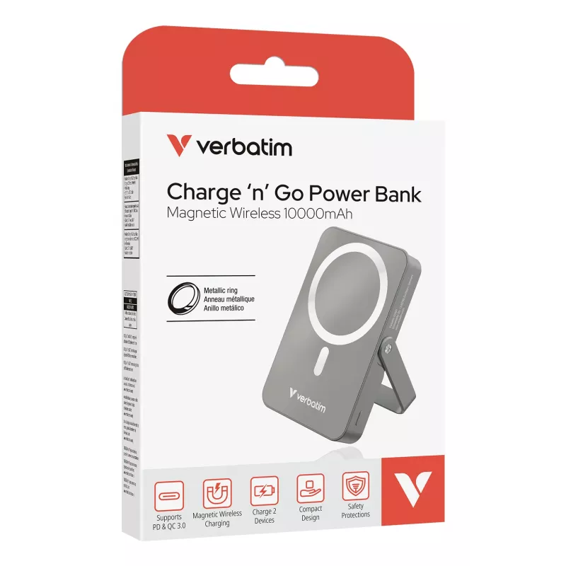 Verbatim Charge 'n' Go Magnetische kabellose Powerbank mit Ständer – 10000 mAh Grau