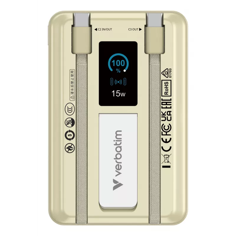 Verbatim Charge'n'Go 2C & Display Powerbank 10000 mAh Gold, 10000 mAh, Lithium-Polymer (LiPo), Power Delivery 3.0, Quick Charge 3.0, kabelloses Laden, 3,85 V, 52 W