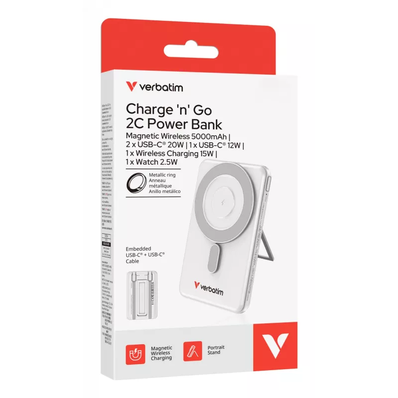 Verbatim Charge'n'Go 2C Powerbank 5000 mAh Silber, 5000 mAh, Lithium-Polymer (LiPo), Adaptive Fast Charging, Power Delivery 3.0, Quick Charge 3.0, Kabelloses Laden, 3,85 V, 20 W