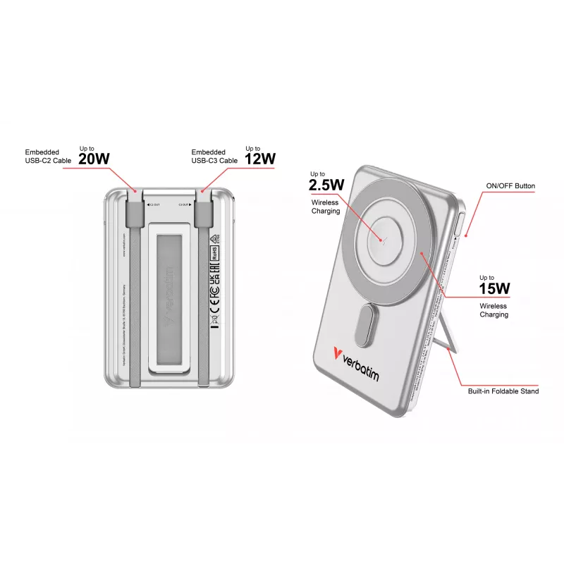 Verbatim Charge'n'Go 2C Powerbank 5000 mAh Silber, 5000 mAh, Lithium-Polymer (LiPo), Adaptive Fast Charging, Power Delivery 3.0, Quick Charge 3.0, Kabelloses Laden, 3,85 V, 20 W