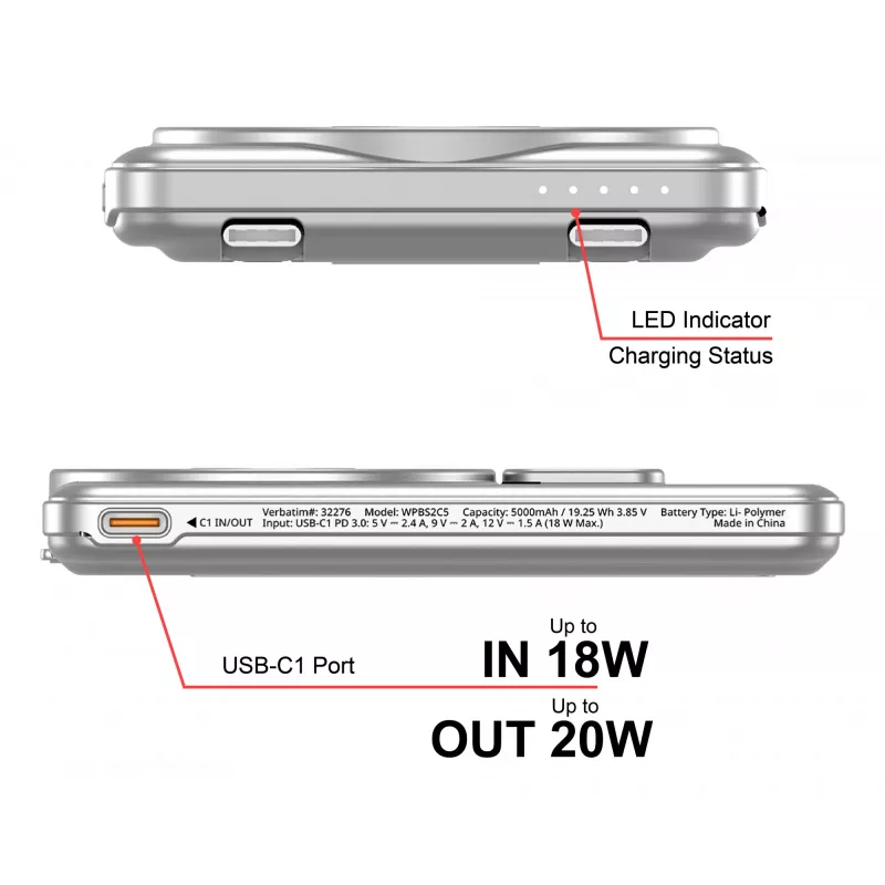 Verbatim Charge'n'Go 2C Powerbank 5000 mAh Silber, 5000 mAh, Lithium-Polymer (LiPo), Adaptive Fast Charging, Power Delivery 3.0, Quick Charge 3.0, Kabelloses Laden, 3,85 V, 20 W